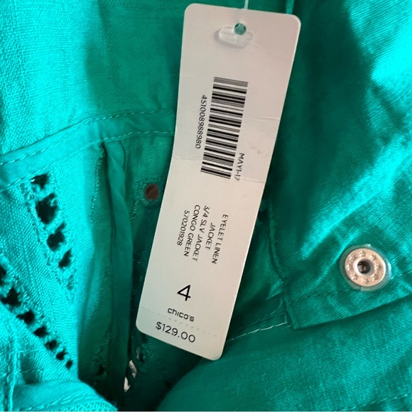 CHICOS EYELET %100 LiNEN JACKET
3/4 SLV JACKET CONGO GREEN
570201928 SIZE 4 - Picture 12 of 16
